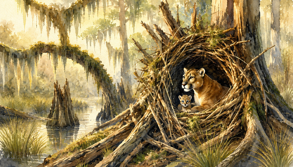 A Florida panther mother shelters with her blue-eyed cub in a Southwest Florida cypress wetland.