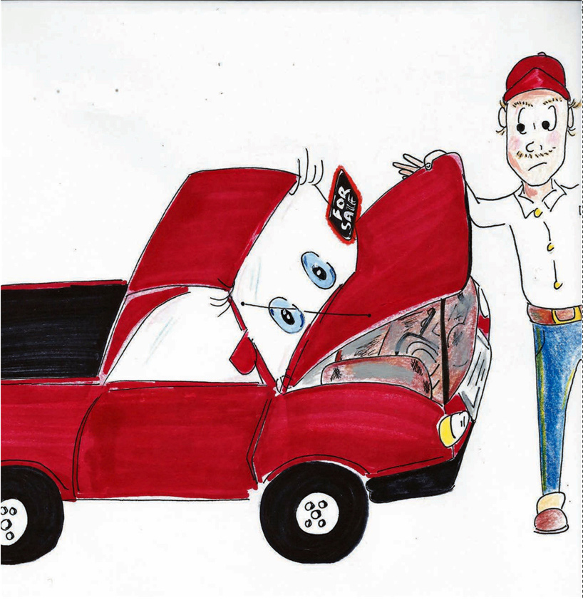 Mark her new potential owner, inspects Bessie’s engine while standing beside her raised hood.