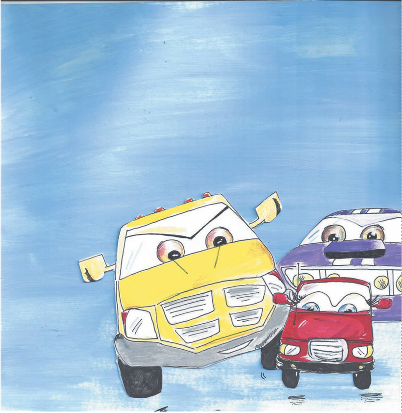 Bessie, a small red truck, stands between two larger trucks that laugh at her.