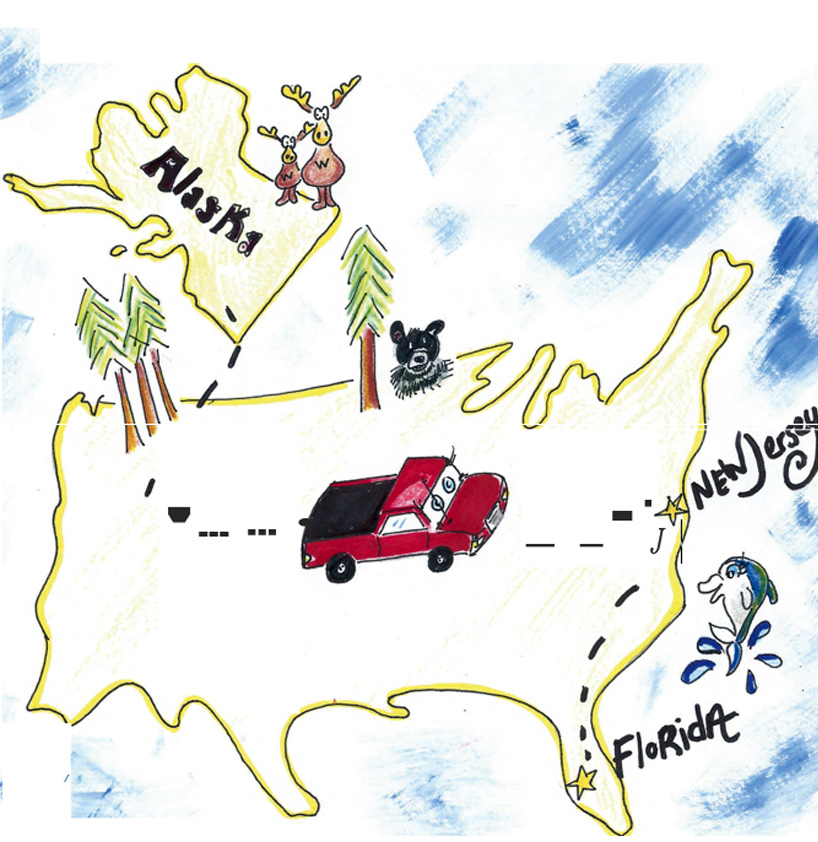 Bessie travels across a hand-drawn map of the United States marked with Alaska, New Jersey, and Florida.
